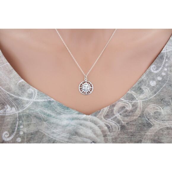 Sterling Silver Smiling Sun Charm Necklace, Silver Smiling Sun Charm Necklace - Picture 2 of 5